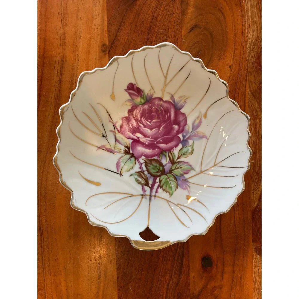 Vintage Calart Japan Porcelain Leaf Dish Purple Rose Gold Gilt Scalloped 7.25in